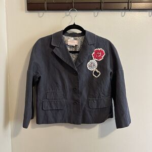 MAXAZRIA Collection Jacket Indigo Stripe Button Dolman 3/4 Sleeve Embroidered‎